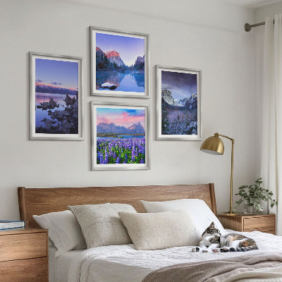Set om 4 tavlor Bergslandskap, vatten, blomsterfält