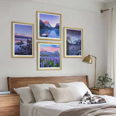 Set om 4 tavlor Bergslandskap, vatten, blomsterfält