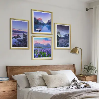 Bergslandskap, vatten och blomsterfält set med 4 tavlor
