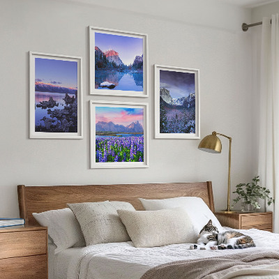 Set om 4 tavlor Bergslandskap, vatten, blomsterfält