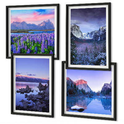 Set om 4 tavlor Bergslandskap, vatten, blomsterfält