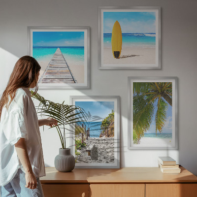 Tavelvägg med 4 tavlor Semesterutsikt strand palmer