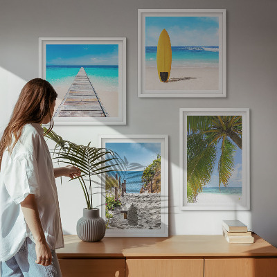 Tavelvägg med 4 tavlor Semesterutsikt strand palmer