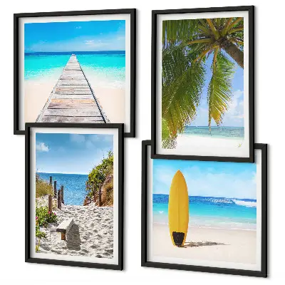 Tavelvägg med 4 tavlor med motiv av semesterutsikt över strand och palmer