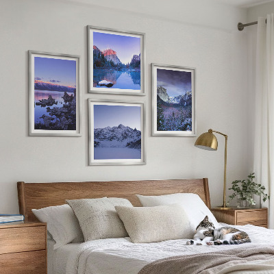 Tavelvägg ovanför soffa Bergslandskap, solnedgång, vatten