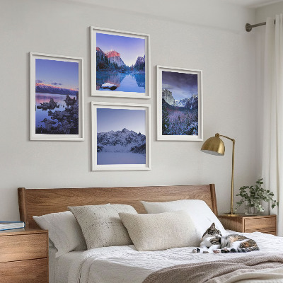Tavelvägg ovanför soffa Bergslandskap, solnedgång, vatten