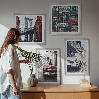 Tavelvägg med 4 tavlor Gamla bilar Brooklyn retro ljud