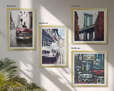 Tavelvägg med 4 tavlor med retro motiv av gamla bilar i Brooklyn