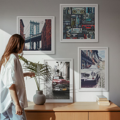 Tavelvägg med 4 tavlor Gamla bilar Brooklyn retro ljud