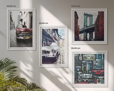 Tavelvägg med 4 tavlor med retro motiv av gamla bilar i Brooklyn