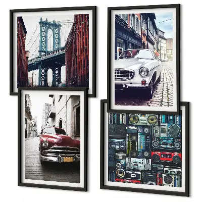 Tavelvägg med 4 tavlor med retro motiv av gamla bilar i Brooklyn