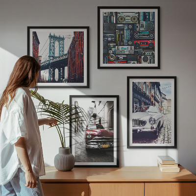 Tavelvägg med 4 tavlor Gamla bilar Brooklyn retro ljud