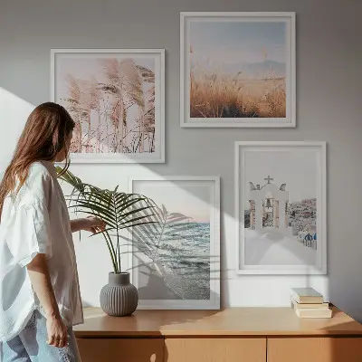 Set med 4 tavlor med motiv av växter, havsvågor, utsikt och hus