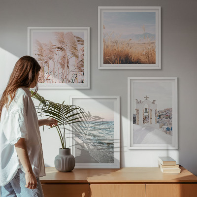 Set om 4 tavlor Växter, havsvågor, utsikt, hus