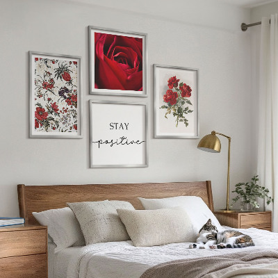 Tavelvägg med 4 tavlor Röda rosor blommor inskription