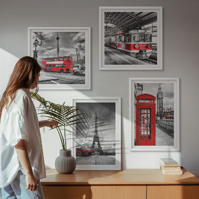 Tavelvägg ovanför soffa Ikoniska städer London Paris järnväg