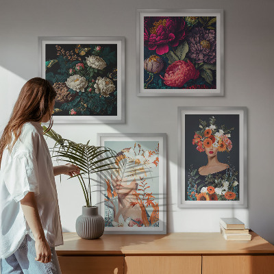 Tavelvägg med 4 tavlor Blomsterporträtt buketter löv