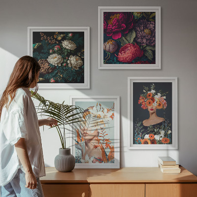 Tavelvägg med 4 tavlor Blomsterporträtt buketter löv