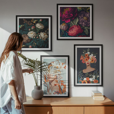 Tavelvägg med 4 tavlor Blomsterporträtt buketter löv