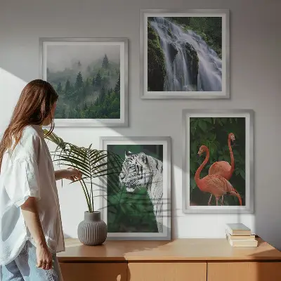 Tavlor med motiv av tiger, vattenfall och flamingos set om 4 delar