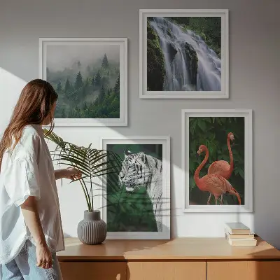 Tavlor med motiv av tiger, vattenfall och flamingos set om 4 delar