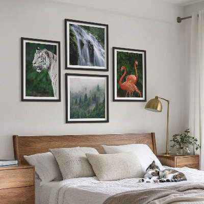 Set om 4 tavlor Tiger vattenfall flamingos natur