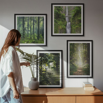 Tavelvägg ovanför soffa Gröna skogar ljusstrålar