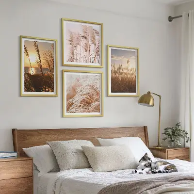 Boho gräsfält solnedgång set om 4 tavlor