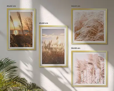 Boho gräsfält solnedgång set om 4 tavlor