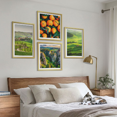 Tavelvägg ovanför soffa Italiensk landsbygd apelsiner natur