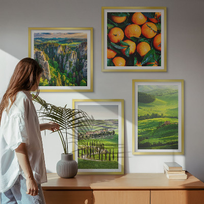 Tavelvägg ovanför soffa Italiensk landsbygd apelsiner natur
