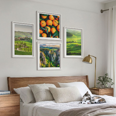 Tavelvägg ovanför soffa Italiensk landsbygd apelsiner natur