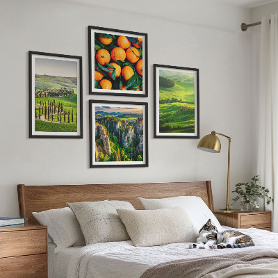 Tavelvägg ovanför soffa Italiensk landsbygd apelsiner natur