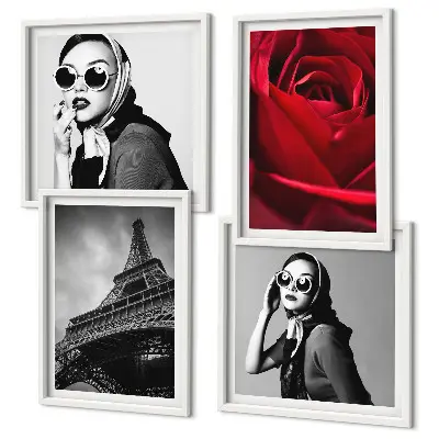 Poster Parisisk dam med Eiffelglasögon för tavelvägg ovanför soffa