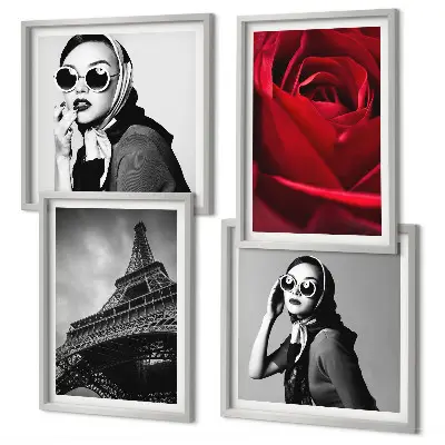Poster Parisisk dam med Eiffelglasögon för tavelvägg ovanför soffa