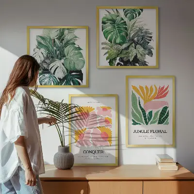 Blommor och löv moderna posters tavelvägg för ovanför soffan