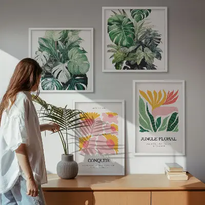 Blommor och löv moderna posters tavelvägg för ovanför soffan