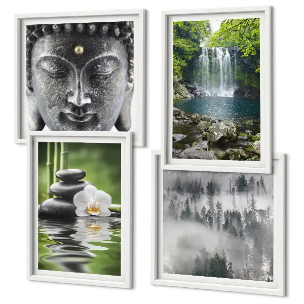 Harmoni av naturstenar vatten och Buddha set om 4 tavlor