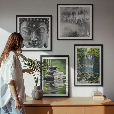 Harmoni av naturstenar vatten och Buddha set om 4 tavlor