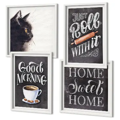 Tavelvägg med 4 tavlor hemkökstema med kattmotiv