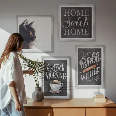 Tavelvägg med 4 tavlor hemkökstema med kattmotiv