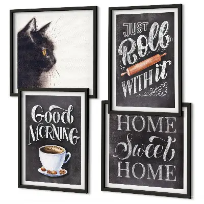 Tavelvägg med 4 tavlor hemkökstema med kattmotiv
