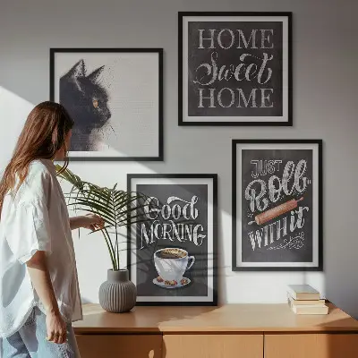 Tavelvägg med 4 tavlor hemkökstema med kattmotiv