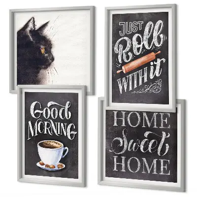 Tavelvägg med 4 tavlor hemkökstema med kattmotiv