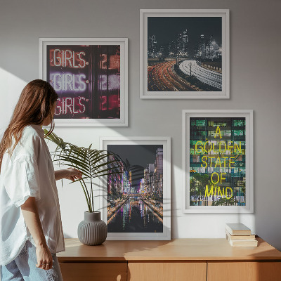 Tavelvägg med 4 tavlor Neonskyltar i staden på natten