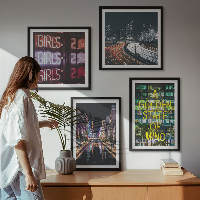 Tavelvägg med 4 tavlor Neonskyltar i staden på natten