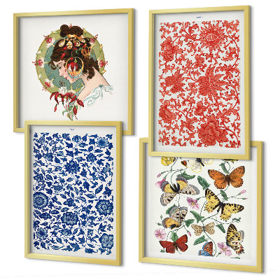 Tavelvägg ovanför soffa Vintage blommor fjärilar ornament