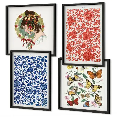 Tavelvägg med vintage blommor och fjärilar motiv med ornament ovanför soffa