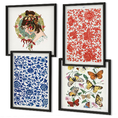 Tavelvägg ovanför soffa Vintage blommor fjärilar ornament