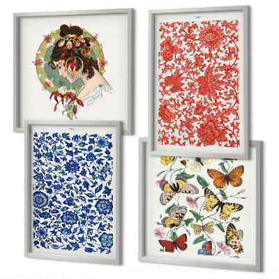 Tavelvägg ovanför soffa Vintage blommor fjärilar ornament